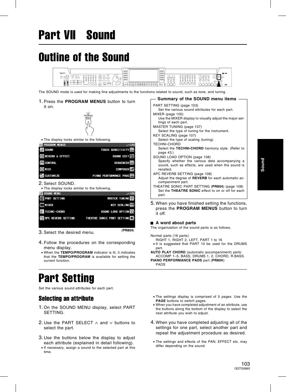 Part vii sound, Outline of the sound, Part setting | Selecting an attribute | Technics sx-PR604/M User Manual | Page 103 / 148