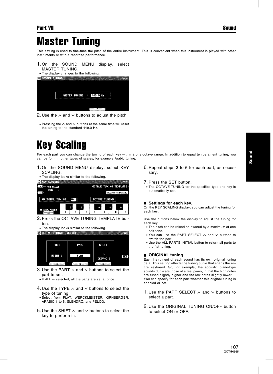 Master tuning, Key scaling, Part vii sound | Technics sx-PR604/M User Manual | Page 107 / 148