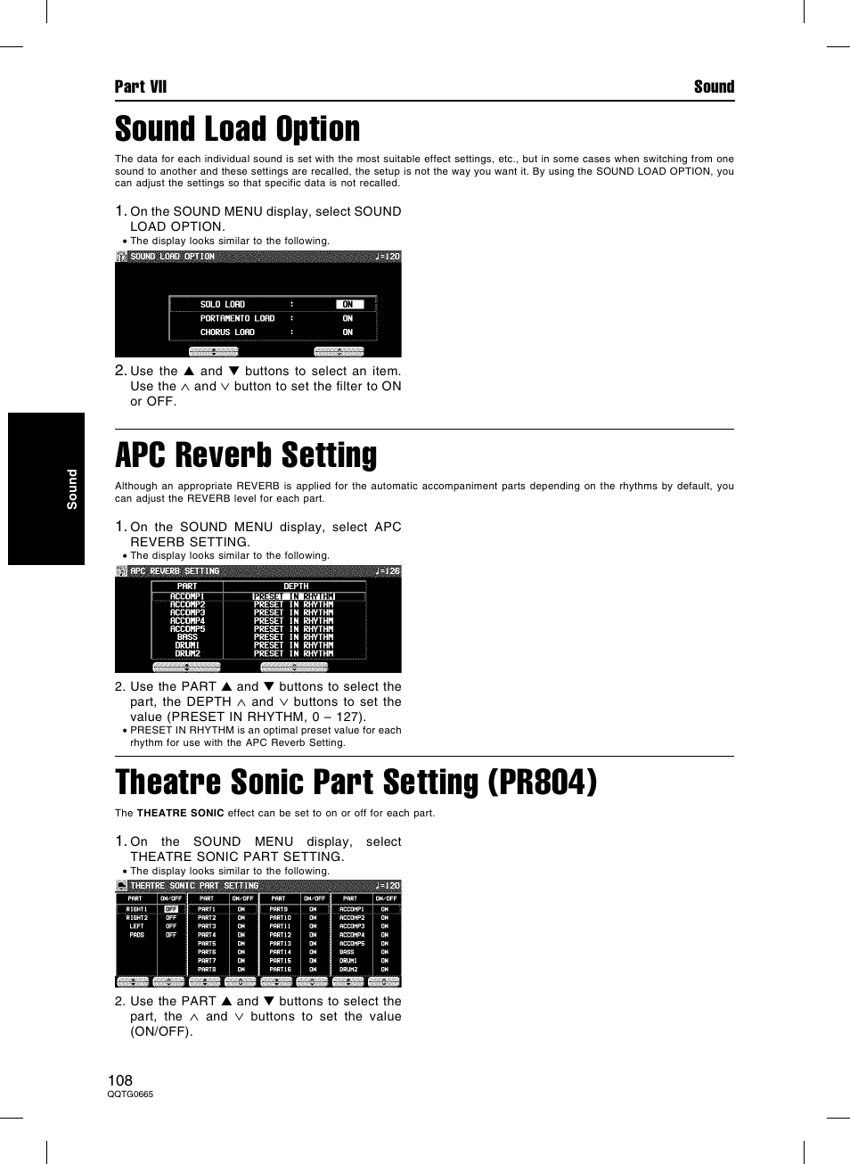 Sound load option, Apc reverb setting, Theatre sonic part setting (pr804) | Technics sx-PR604/M User Manual | Page 108 / 148