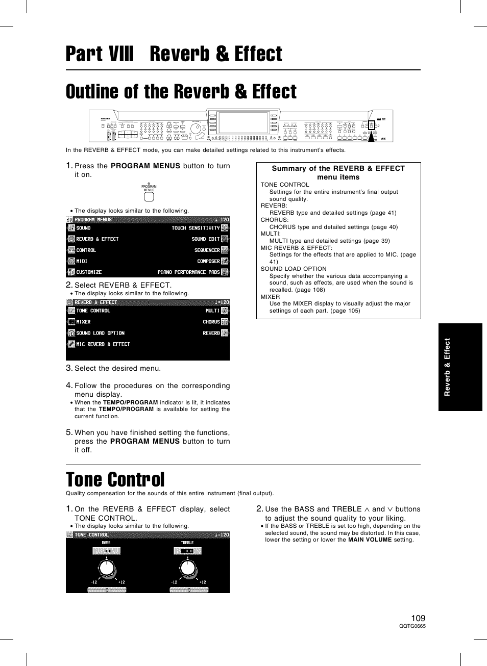 Part viii reverb & effect, Outline of the reverb & effect, Tone control | Technics sx-PR604/M User Manual | Page 109 / 148