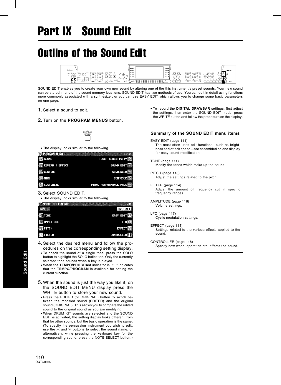 Part ix sound edit, Outline of the sound edit | Technics sx-PR604/M User Manual | Page 110 / 148