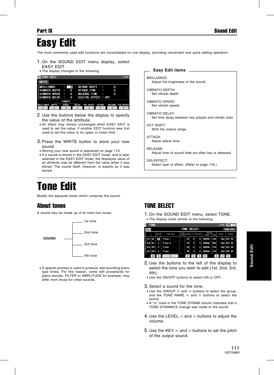 Easy edit, Tone edit, About tones | Tone select, Part ix sound edit | Technics sx-PR604/M User Manual | Page 111 / 148