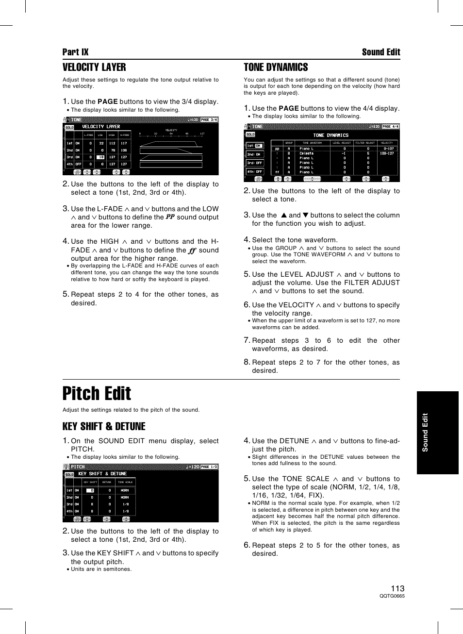 Pitch edit, Velocity layer, Tone dynamics | Key shift & detune, Part ix sound edit | Technics sx-PR604/M User Manual | Page 113 / 148