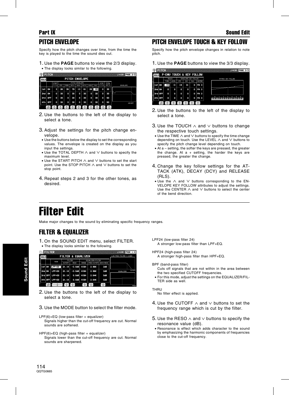 Filter edit, Pitch envelope, Pitch envelope touch & key follow | Filter & equalizer, Part ix sound edit | Technics sx-PR604/M User Manual | Page 114 / 148