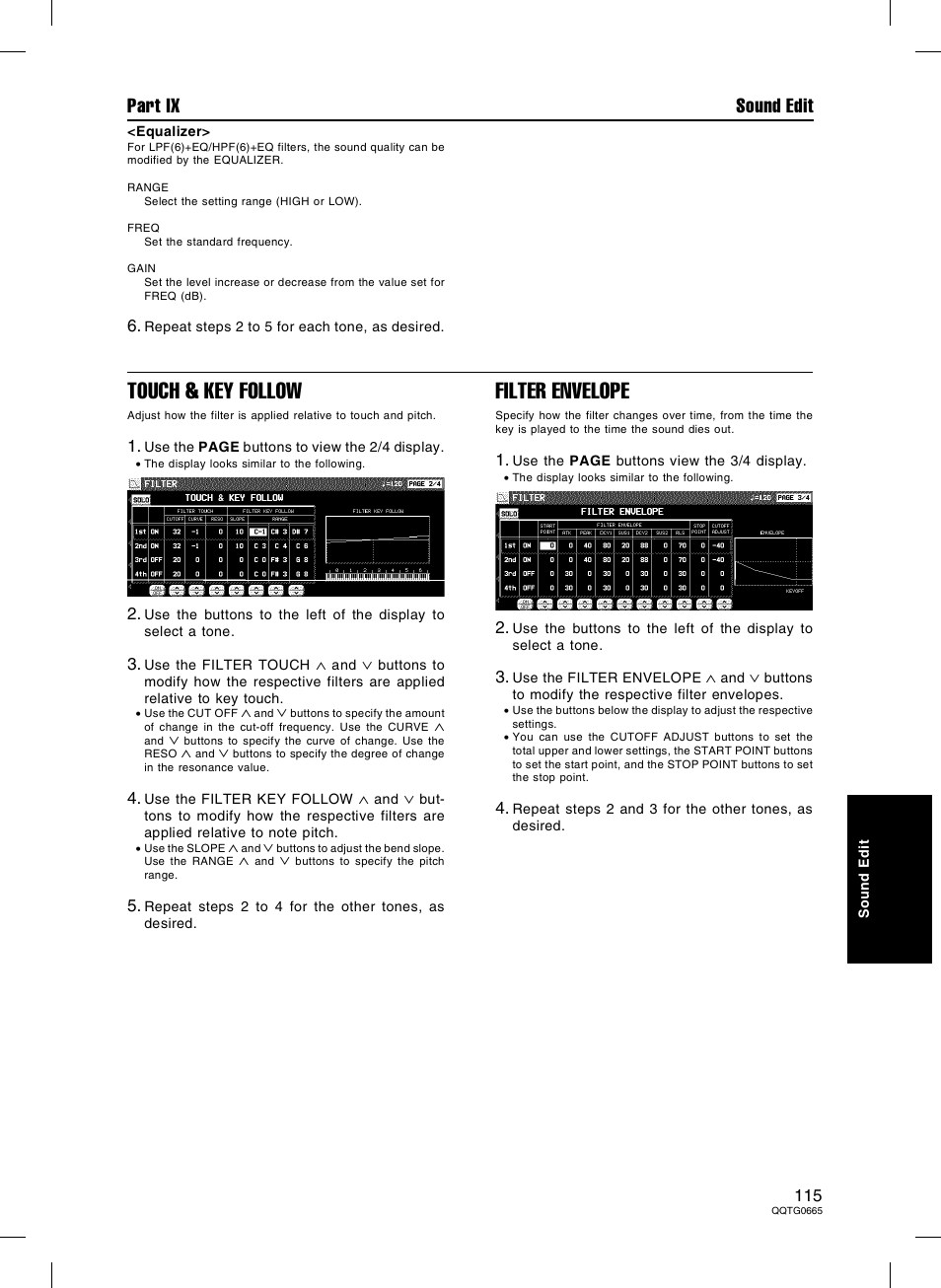 Touch & key follow, Filter envelope, Part ix sound edit | Technics sx-PR604/M User Manual | Page 115 / 148