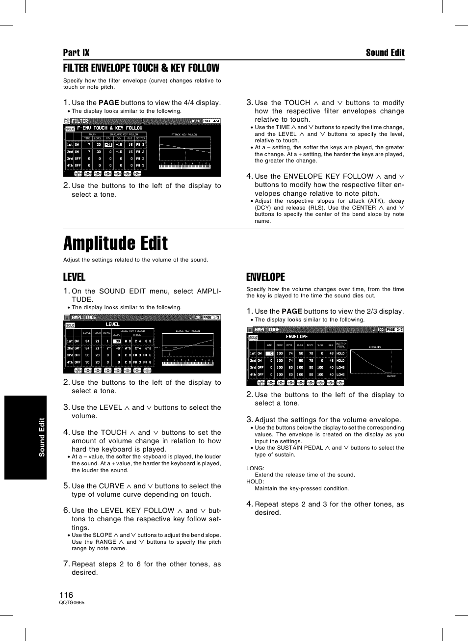 Amplitude edit, Filter envelope touch & key follow, Level | Envelope, Part ix sound edit | Technics sx-PR604/M User Manual | Page 116 / 148