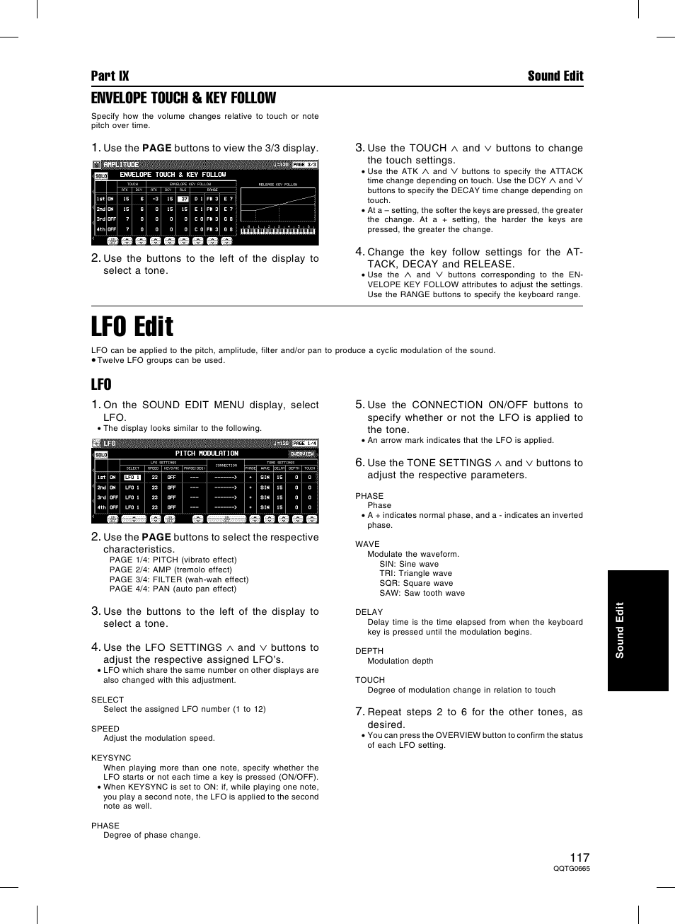 Lfo edit, Envelope touch & key follow, Part ix sound edit | Technics sx-PR604/M User Manual | Page 117 / 148