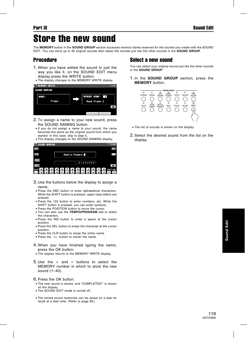 Store the new sound, Procedure, Select a new sound | Part ix sound edit | Technics sx-PR604/M User Manual | Page 119 / 148