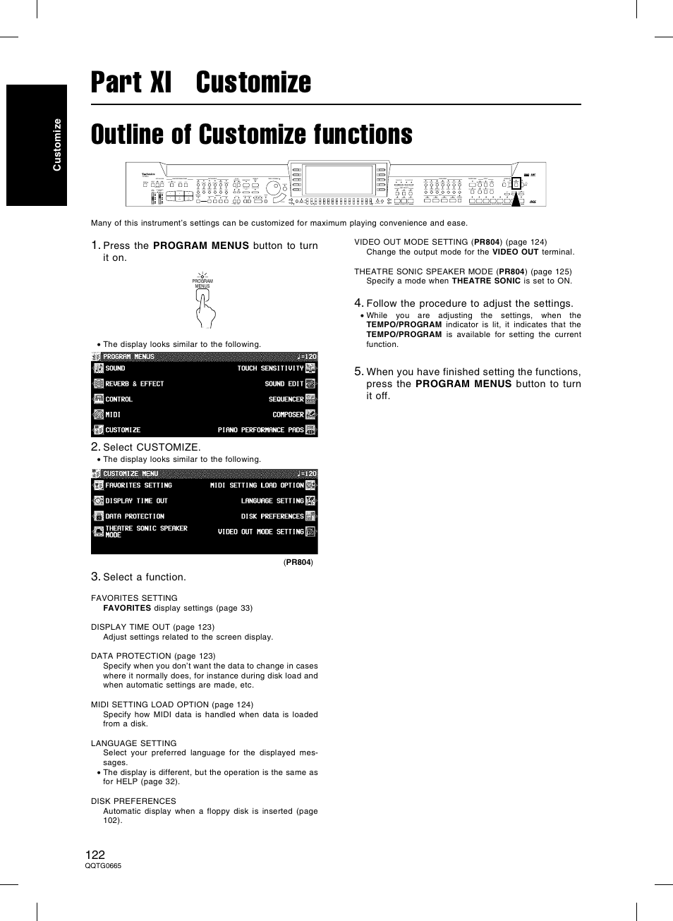 Part xi customize, Outline of customize functions | Technics sx-PR604/M User Manual | Page 122 / 148