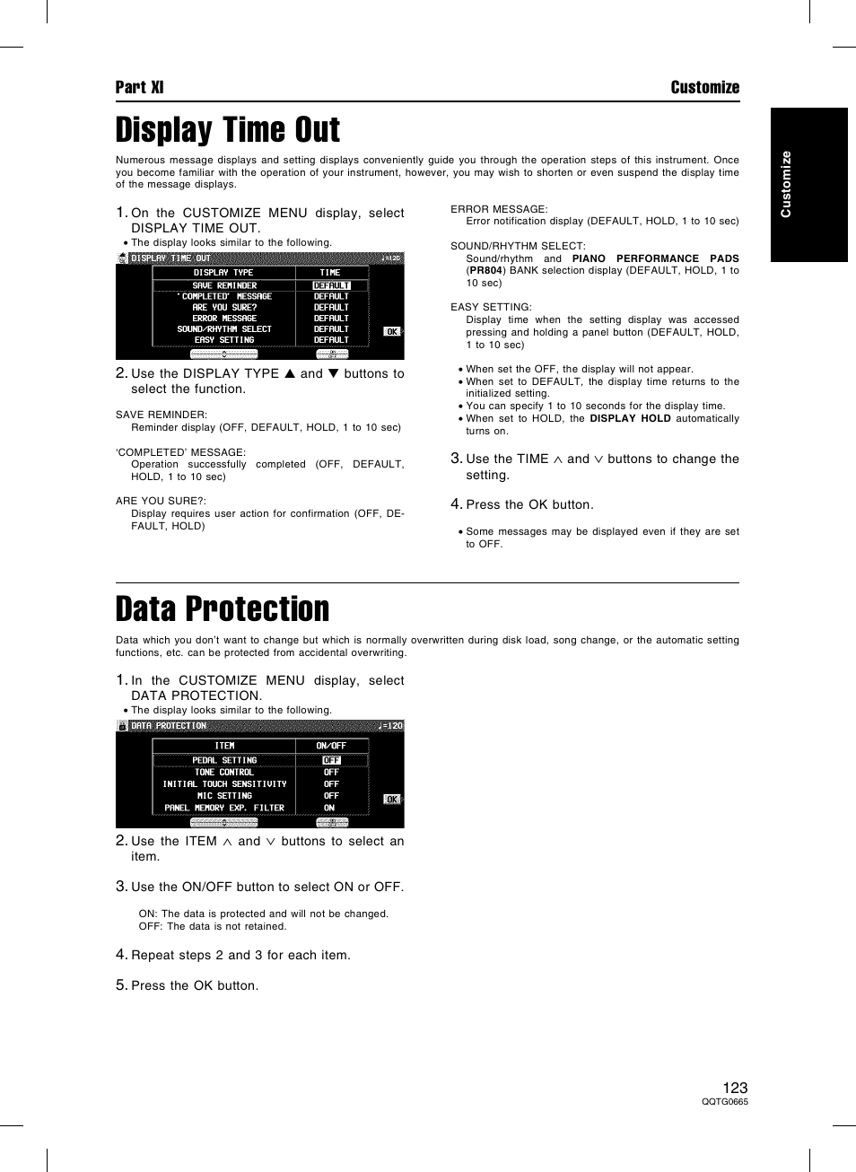 Display time out, Data protection, Part xi customize | Technics sx-PR604/M User Manual | Page 123 / 148