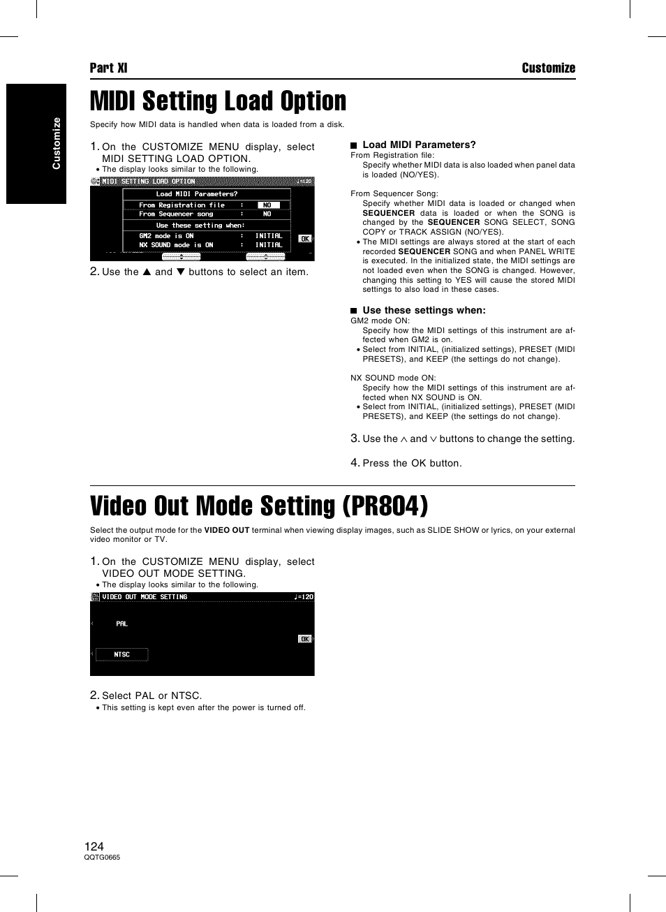 Midi setting load option, Video out mode setting (pr804), Part xi customize | Technics sx-PR604/M User Manual | Page 124 / 148