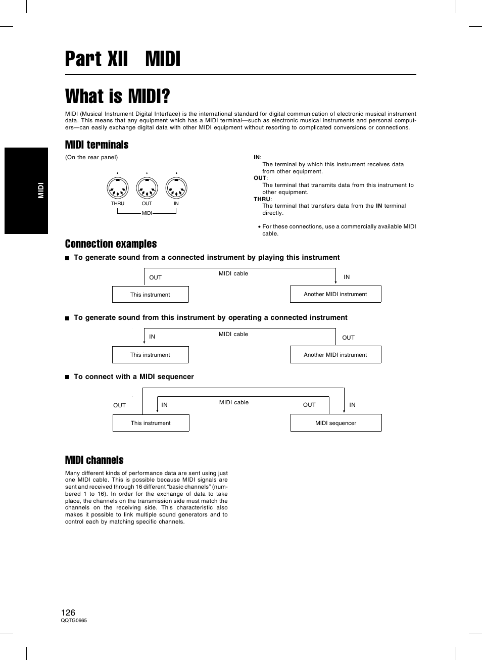 Part xii midi, What is midi, Midi terminals | Connection examples, Midi channels | Technics sx-PR604/M User Manual | Page 126 / 148