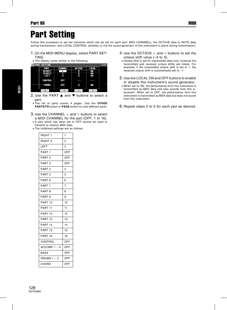 Part setting, Part xii midi | Technics sx-PR604/M User Manual | Page 128 / 148