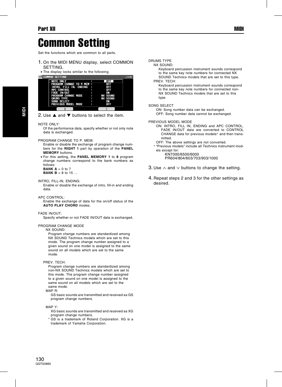 Common setting, Part xii midi | Technics sx-PR604/M User Manual | Page 130 / 148