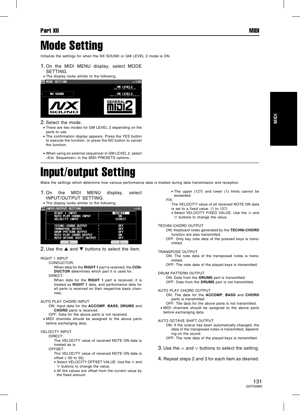 Mode setting, Input/output setting, Part xii midi | Technics sx-PR604/M User Manual | Page 131 / 148