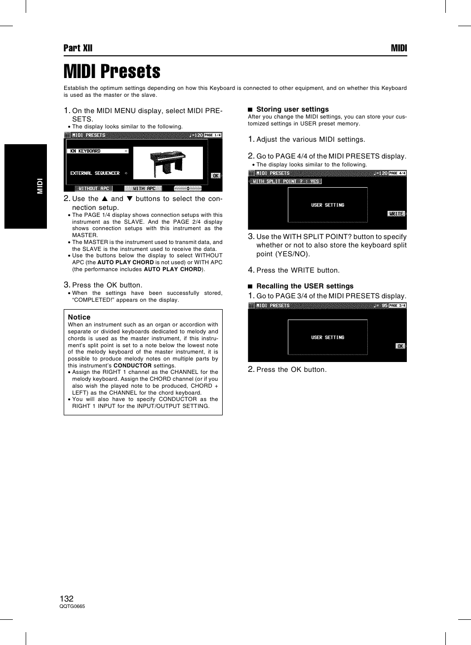 Midi presets, Part xii midi | Technics sx-PR604/M User Manual | Page 132 / 148