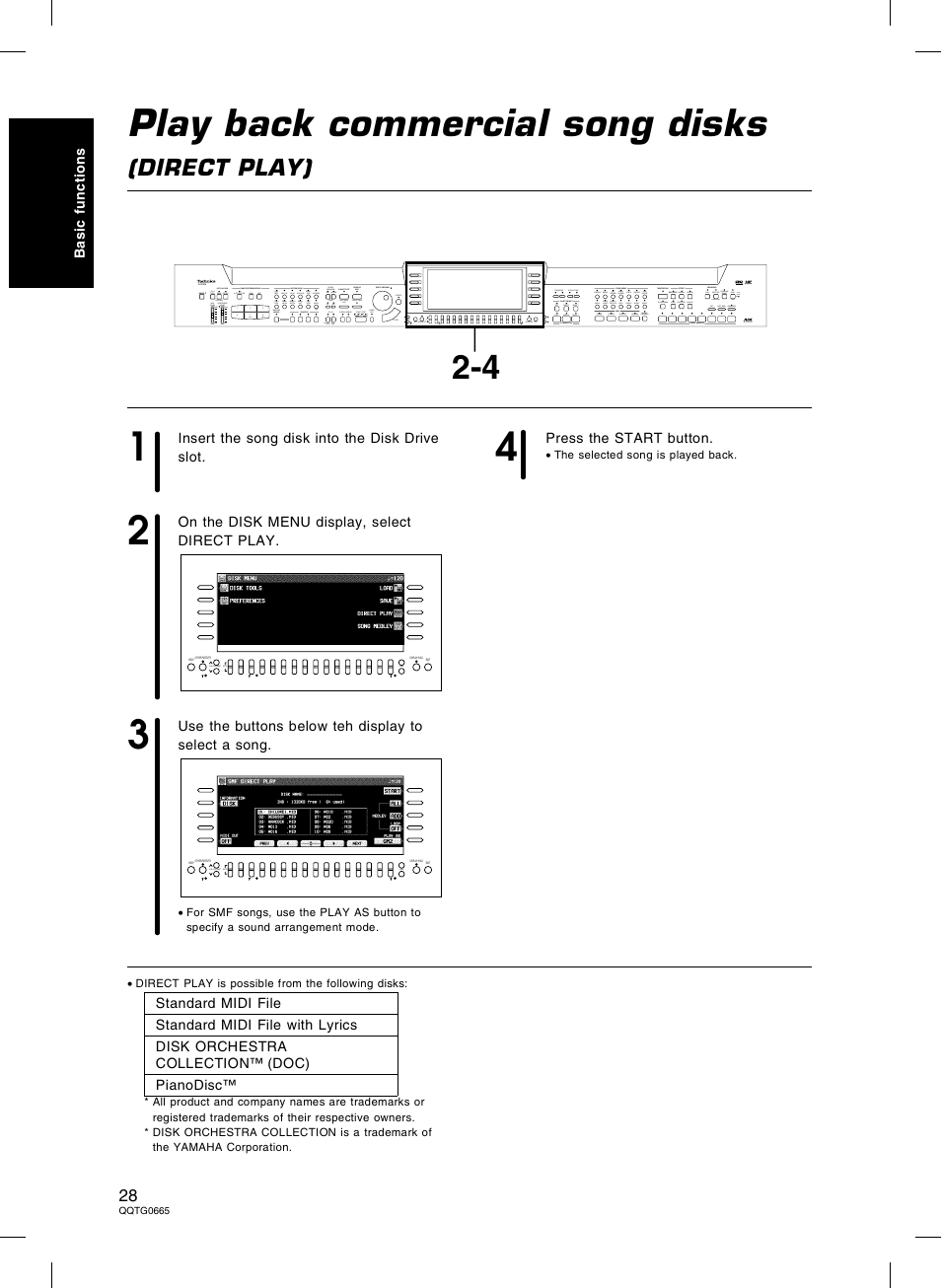 Play back commercial song disks (direct play), Play back commercial song disks, Direct play) | Technics sx-PR604/M User Manual | Page 28 / 148