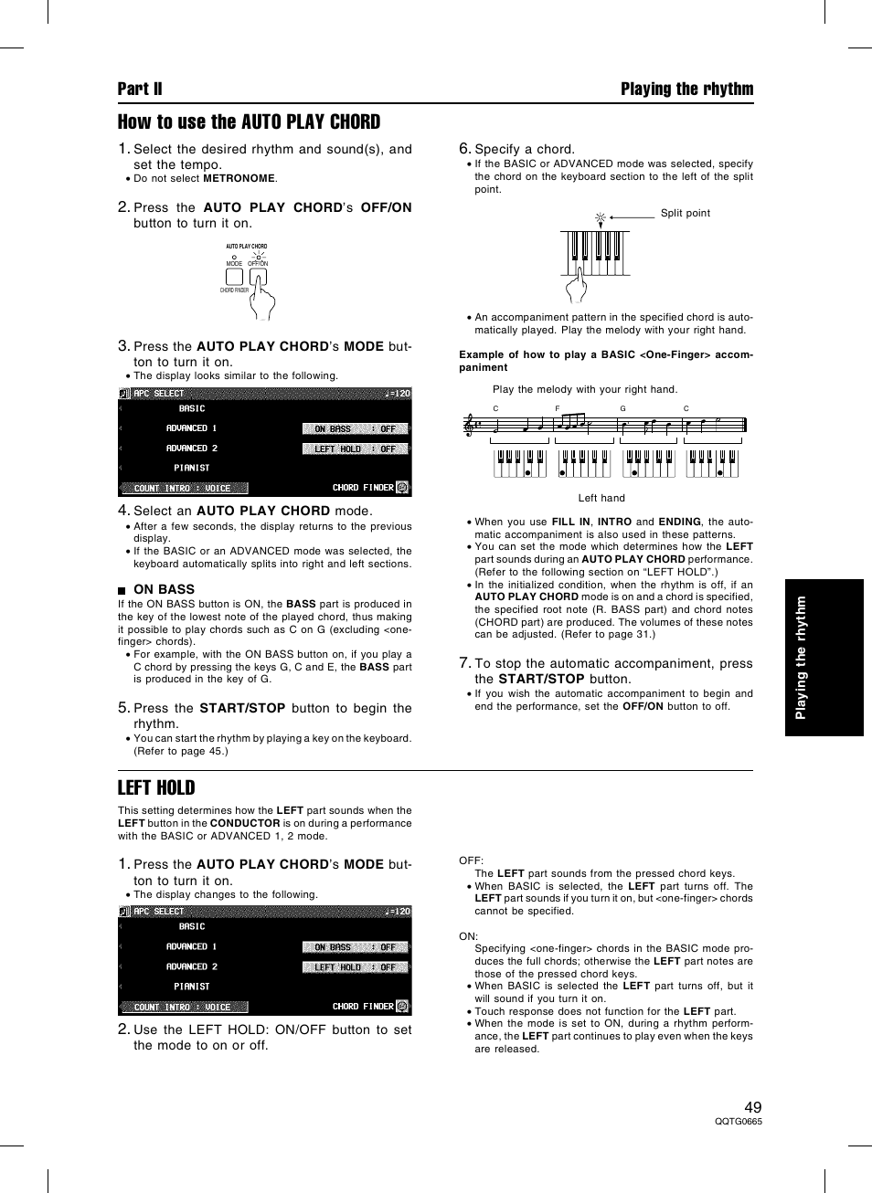 How to use the auto play chord, Left hold, Part ii playing the rhythm | Technics sx-PR604/M User Manual | Page 49 / 148