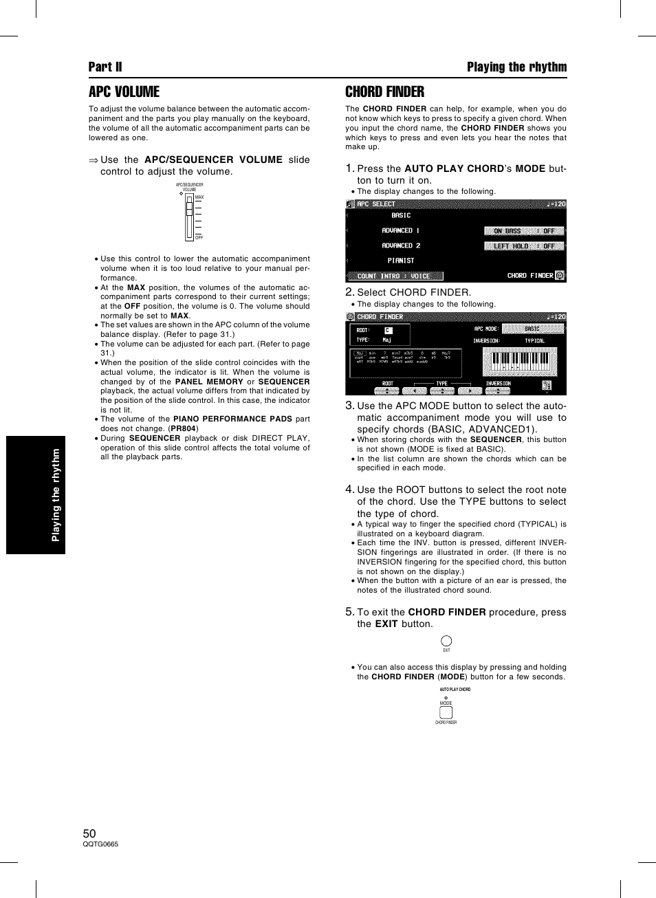 Apc volume, Chord finder, Part ii playing the rhythm | Technics sx-PR604/M User Manual | Page 50 / 148