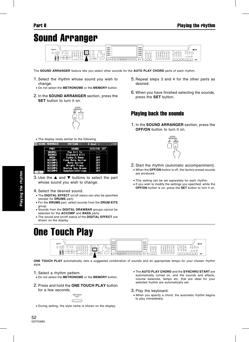 Sound arranger, One touch play, Playing back the sounds | Part ii playing the rhythm | Technics sx-PR604/M User Manual | Page 52 / 148
