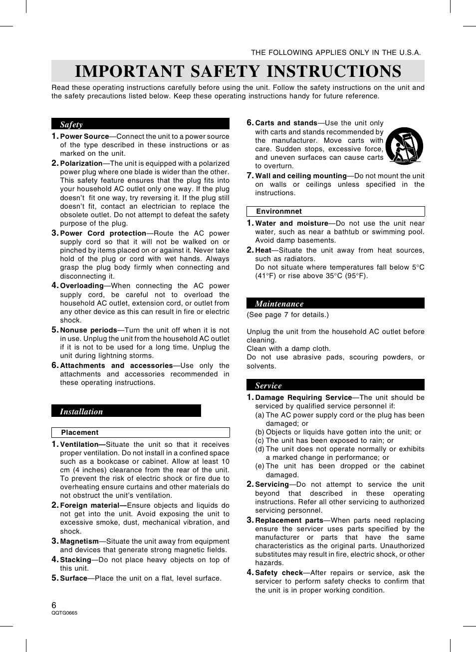 Important safety instructions | Technics sx-PR604/M User Manual | Page 6 / 148