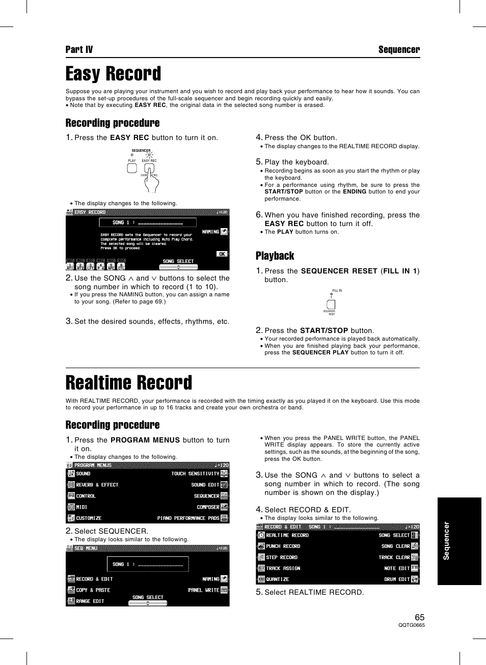Easy record, Realtime record, Recording procedure | Playback, Part iv sequencer | Technics sx-PR604/M User Manual | Page 65 / 148