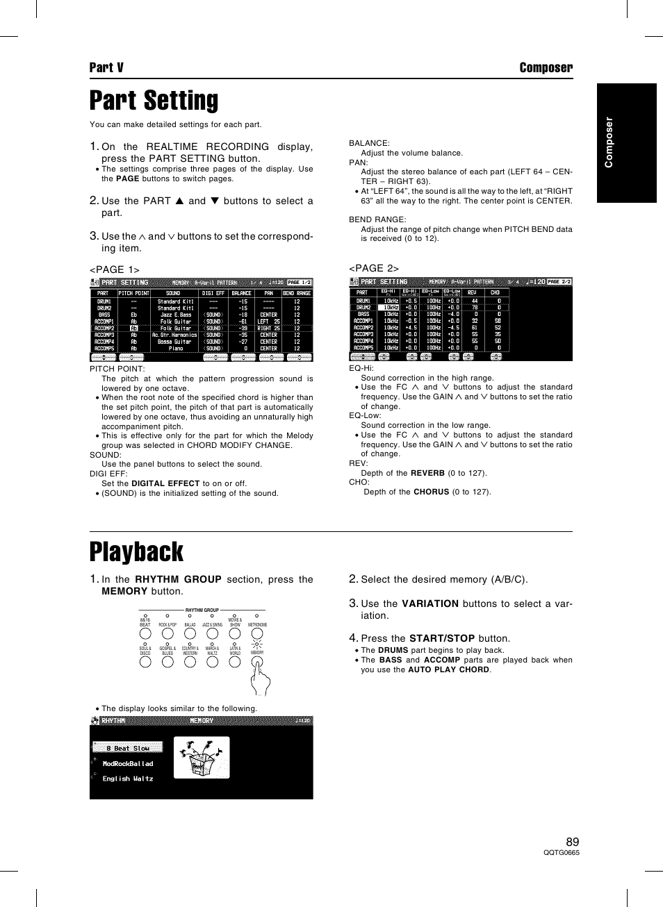 Part setting, Playback, Part v composer | Technics sx-PR604/M User Manual | Page 89 / 148