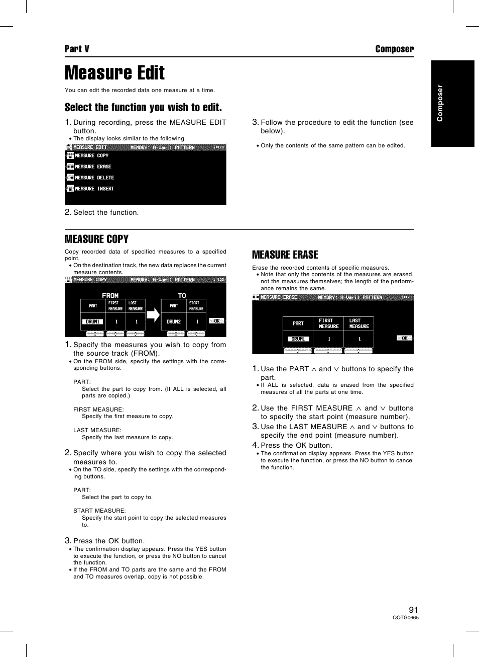 Measure edit, Select the function you wish to edit, Measure copy | Measure erase, Part v composer | Technics sx-PR604/M User Manual | Page 91 / 148