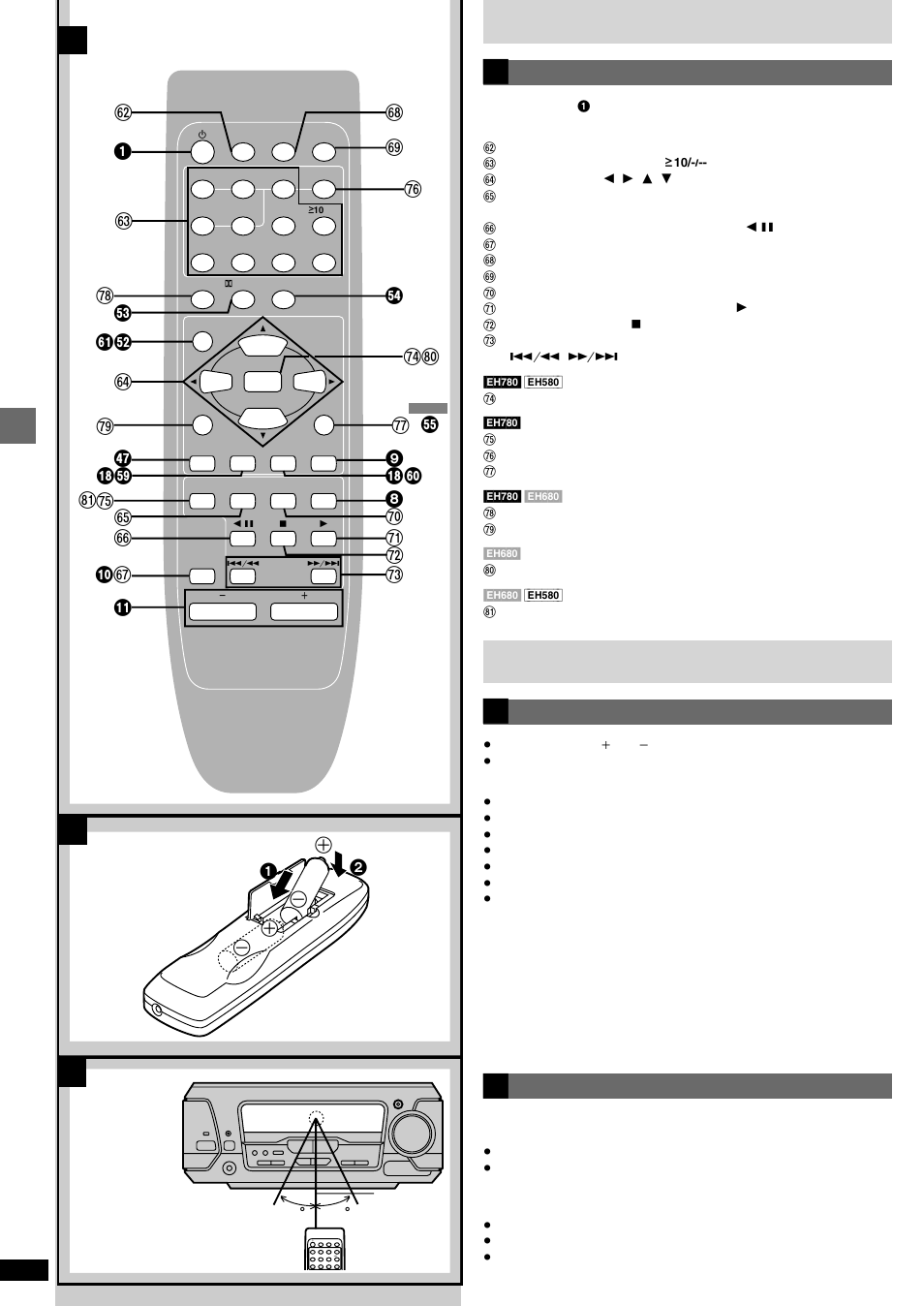 Remote control, Ab c, The remote control | Bk l, R: s t 9 n d m † 1 _ o p q ; x e y } 8 u v w { f, Z° b g, Control guide and preparatory steps, Front panel controls, Batteries | Technics SC-EH680 User Manual | Page 12 / 40