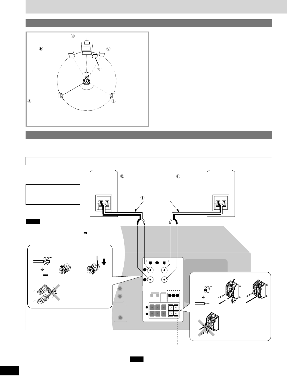 Speaker connections, Placement of speakers connecting speakers, Center speaker | Surround speakers, Subwoofer, Speaker impedance, Front speakers, B” terminals | Technics SA-DX1050 User Manual | Page 10 / 32