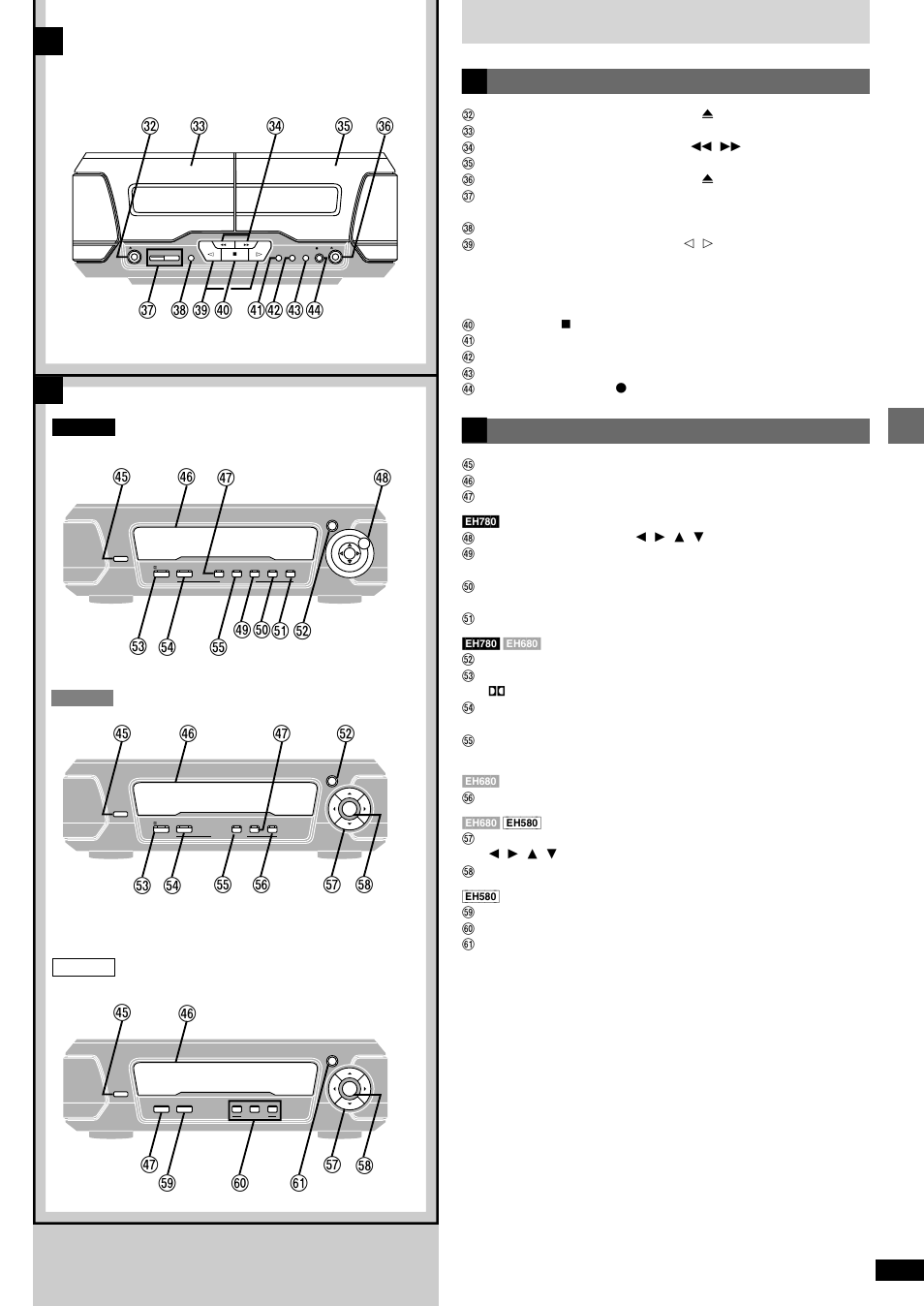 Abc e f, L i ^ j m, Gh i ^ j k | Dg e f _ d, Control guide and preparatory steps, Front panel controls, Cassette deck, Sound processor, Eh680 | Technics SC-EH680  EN User Manual | Page 11 / 40