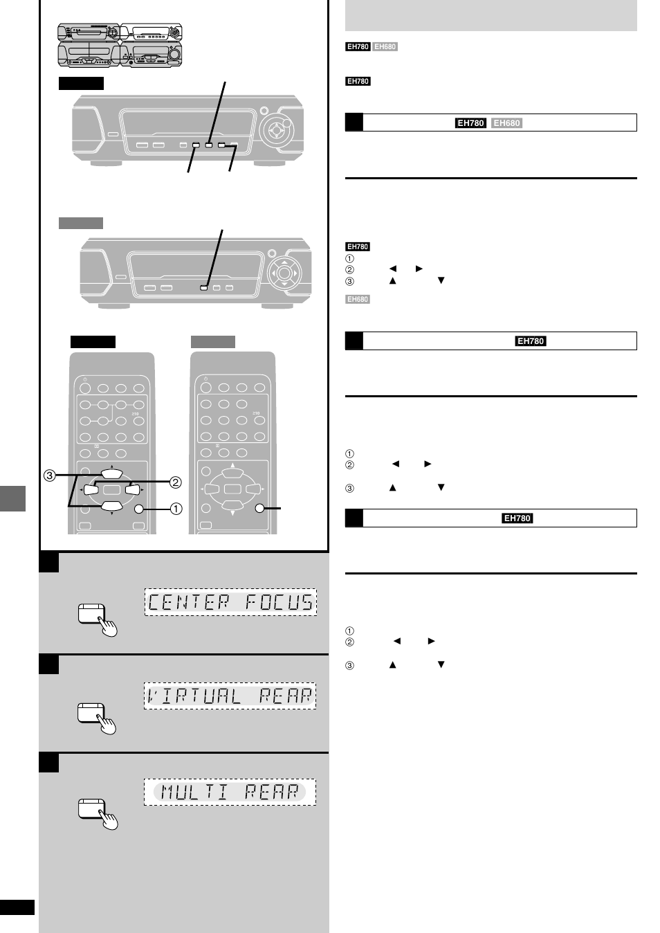 Ab c, Surround effects, Changing sound field and quality | Eh680, Press [center focus, Press [virtual rear surround, Press [multi rear surround | Technics SC-EH680  EN User Manual | Page 26 / 40