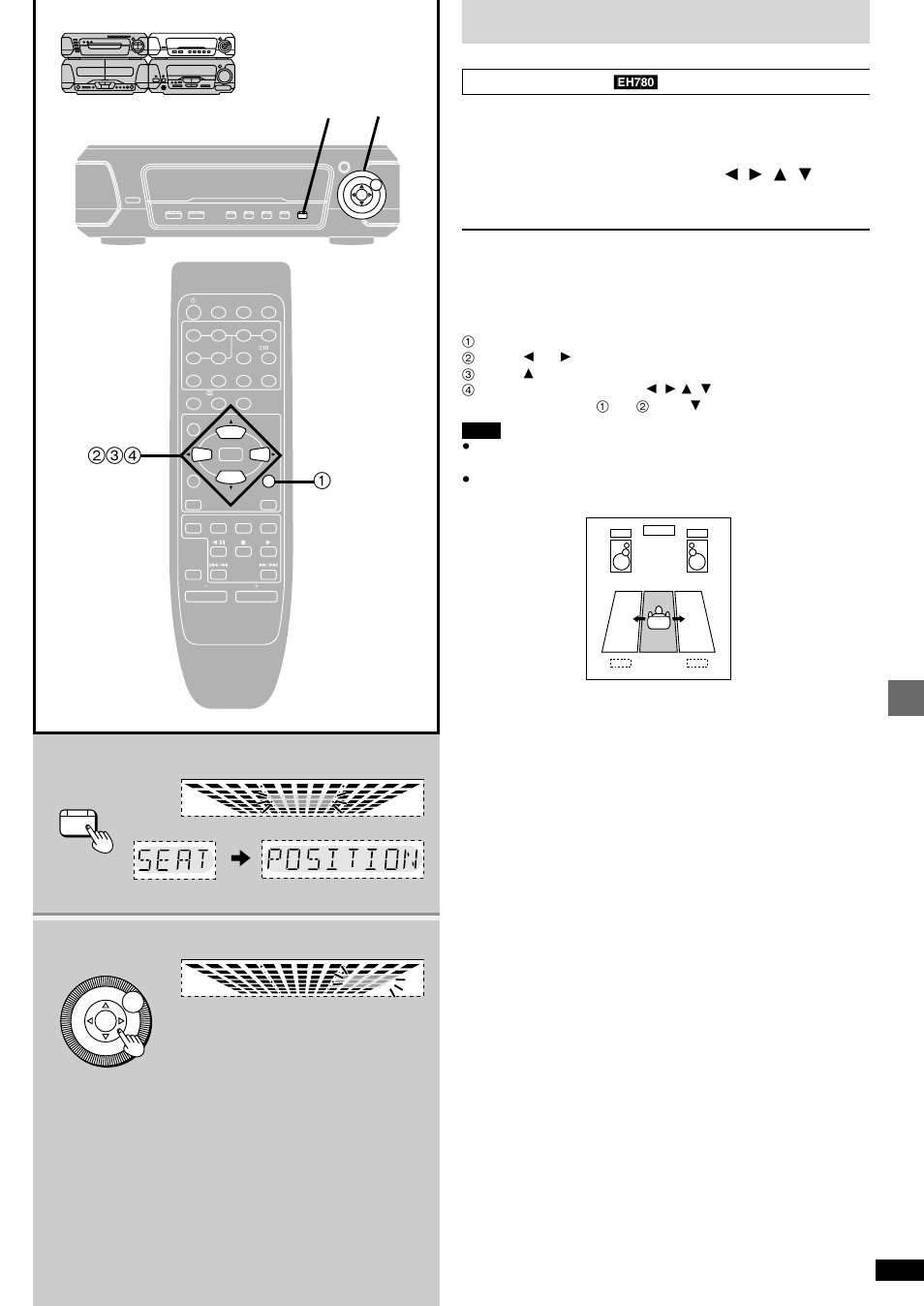 Changing sound field and quality, Surround effects, Press [seat position | Adjust the seat position with [ 2 , 1 , 3 , 4 | Technics SC-EH680  EN User Manual | Page 27 / 40