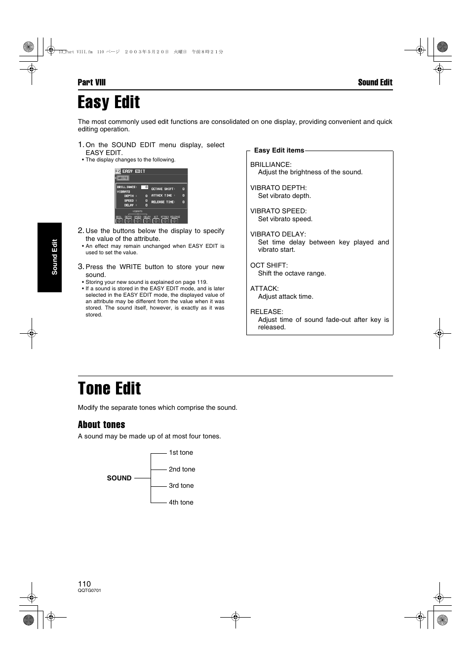 Easy edit, Tone edit, About tones | Part viii sound edit | Technics SX-PR54/M User Manual | Page 110 / 144