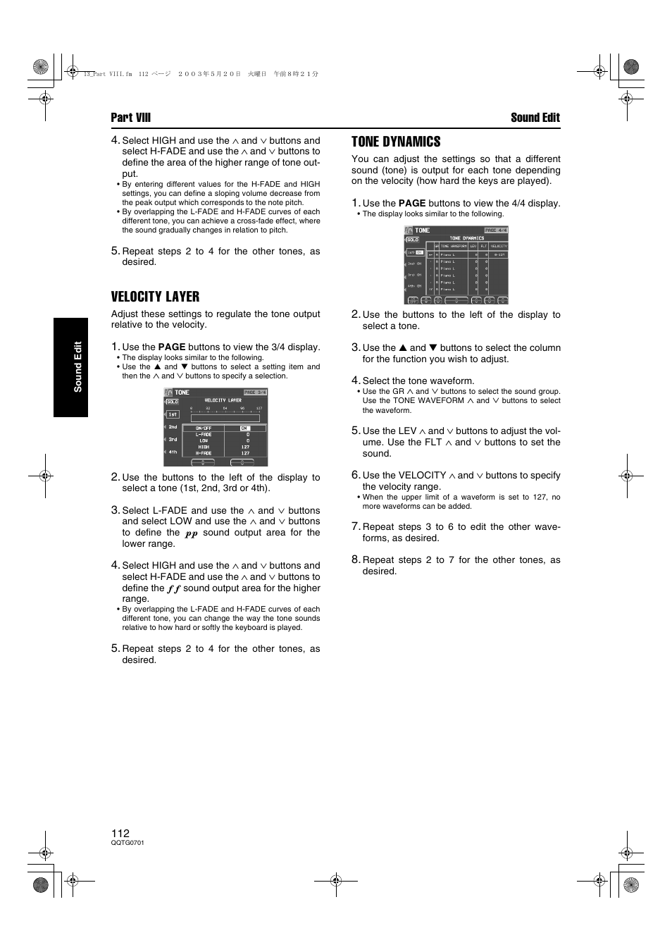 Velocity layer, Tone dynamics, Part viii sound edit | Technics SX-PR54/M User Manual | Page 112 / 144