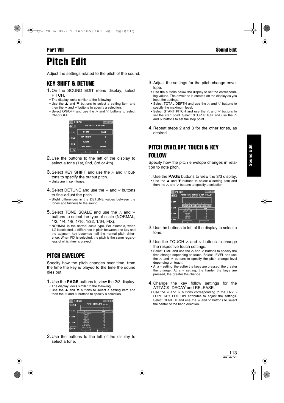 Pitch edit, Key shift & detune, Pitch envelope | Pitch envelope touch & key follow, Part viii sound edit | Technics SX-PR54/M User Manual | Page 113 / 144