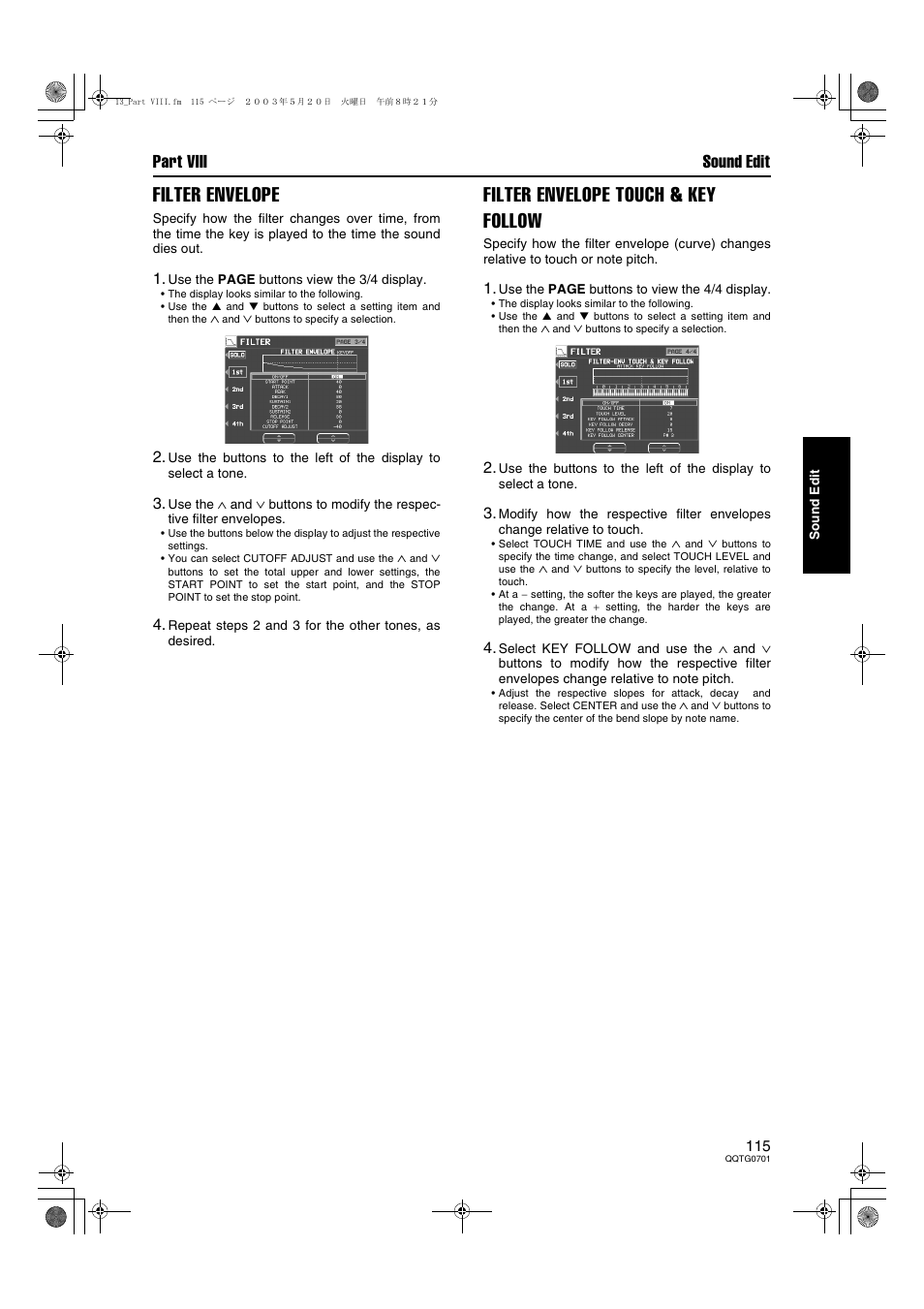 Filter envelope, Filter envelope touch & key follow, Part viii sound edit | Technics SX-PR54/M User Manual | Page 115 / 144