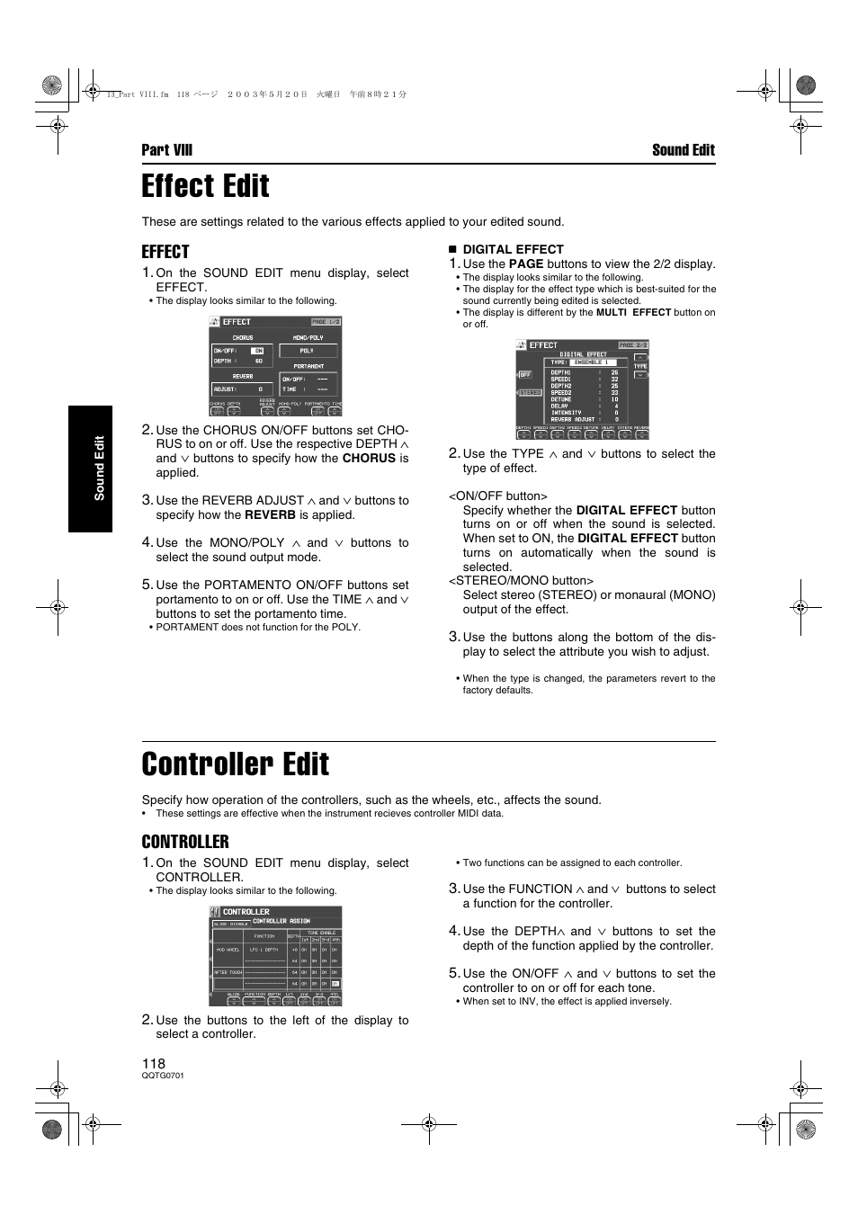 Effect edit, Controller edit, Effect | Controller, Part viii sound edit | Technics SX-PR54/M User Manual | Page 118 / 144