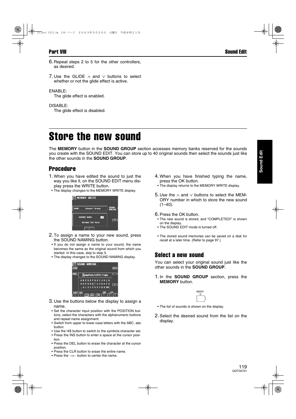 Store the new sound, Procedure, Select a new sound | Part viii sound edit | Technics SX-PR54/M User Manual | Page 119 / 144