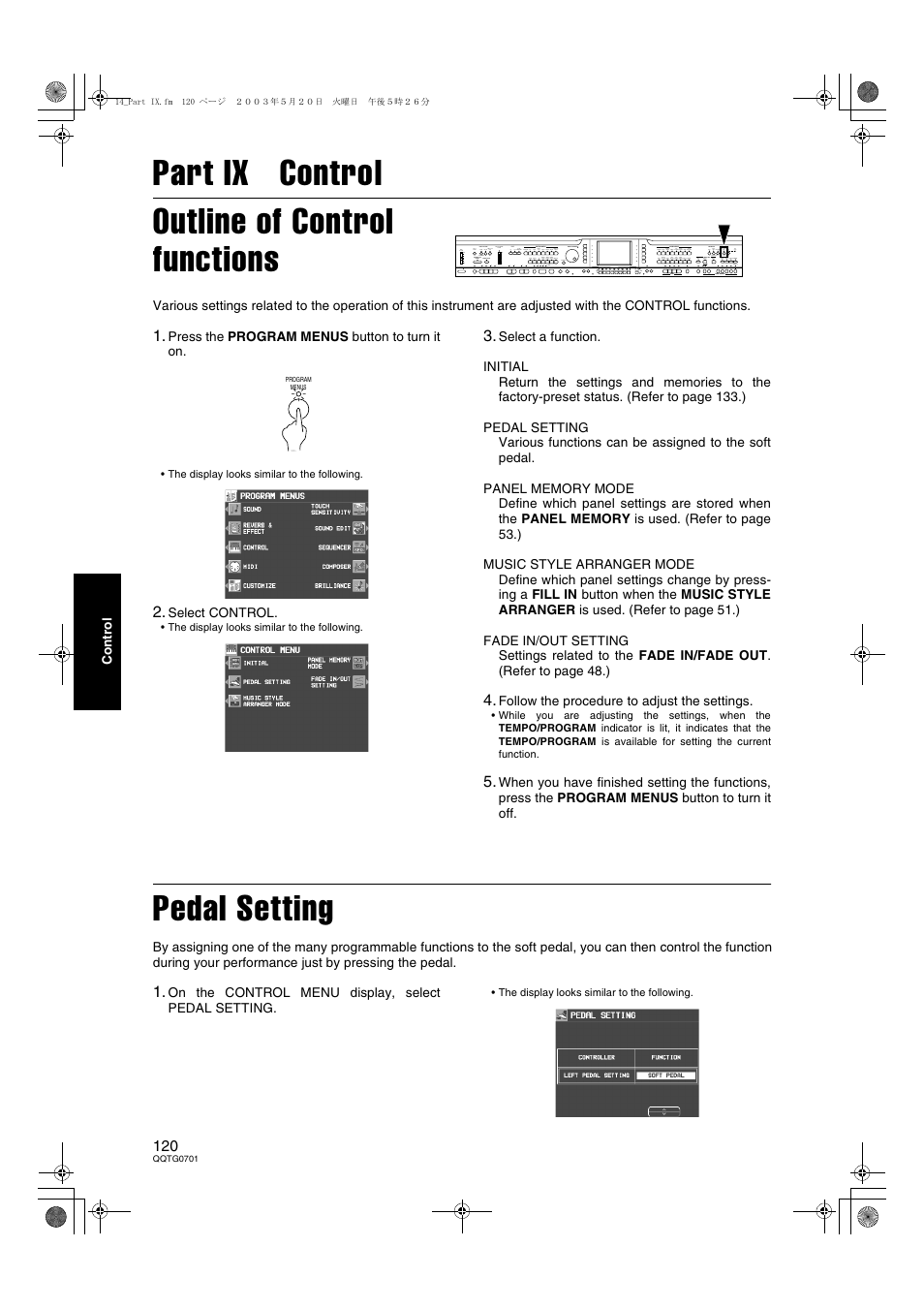 Part ix control, Part ix control outline of control functions, Pedal setting | Technics SX-PR54/M User Manual | Page 120 / 144