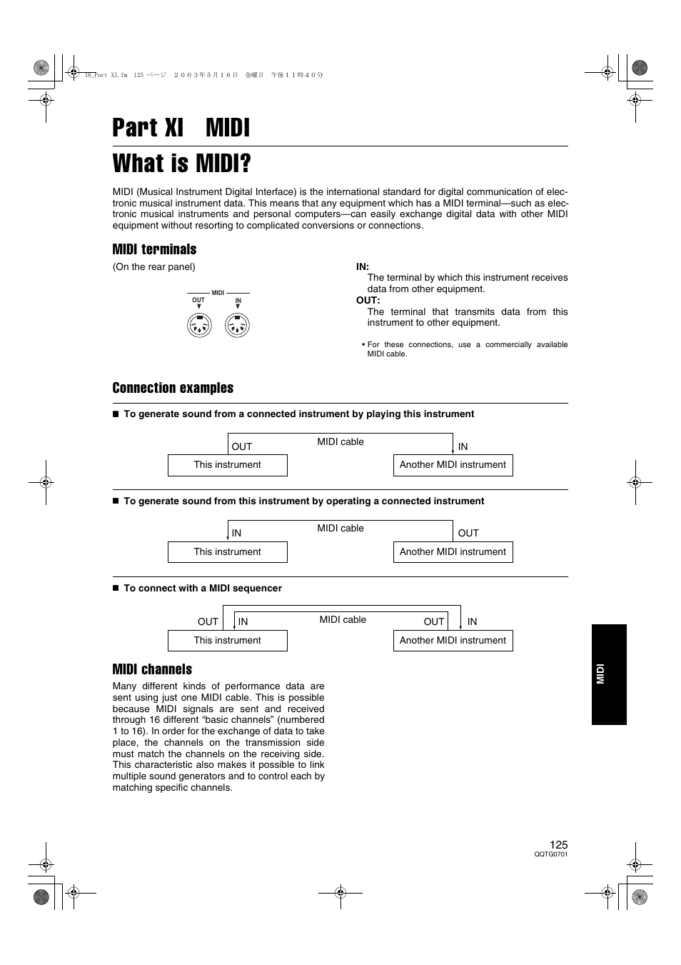 Part xi midi, Part xi midi what is midi, Midi terminals | Connection examples, Midi channels | Technics SX-PR54/M User Manual | Page 125 / 144