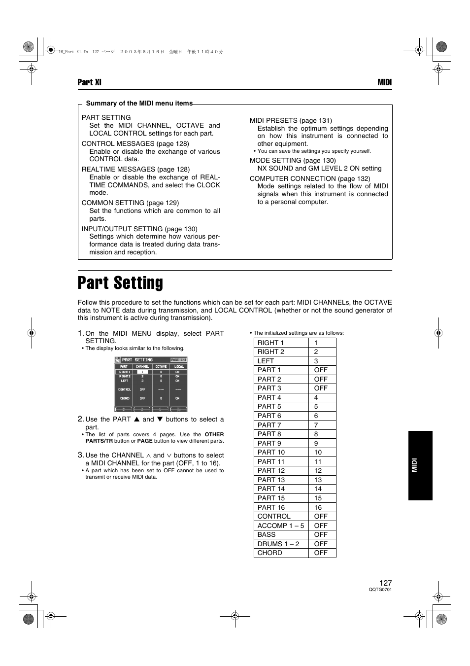 Part setting, Part xi midi | Technics SX-PR54/M User Manual | Page 126 / 144