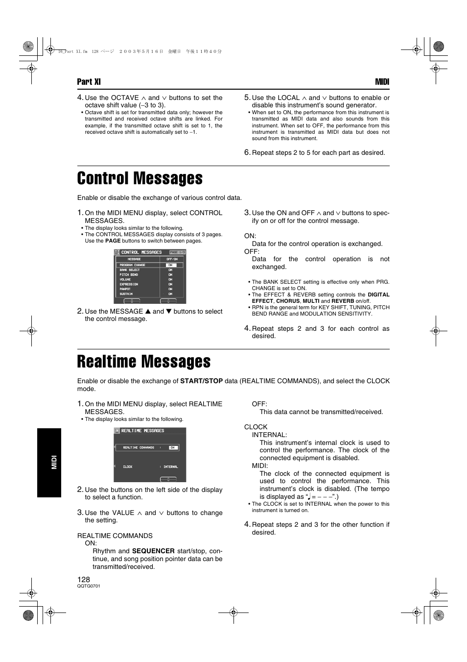 Control messages, Realtime messages, Part xi midi | Technics SX-PR54/M User Manual | Page 127 / 144