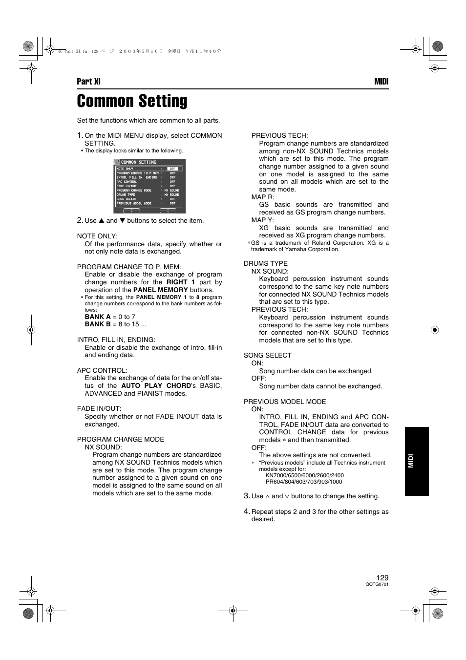 Common setting, Part xi midi | Technics SX-PR54/M User Manual | Page 128 / 144