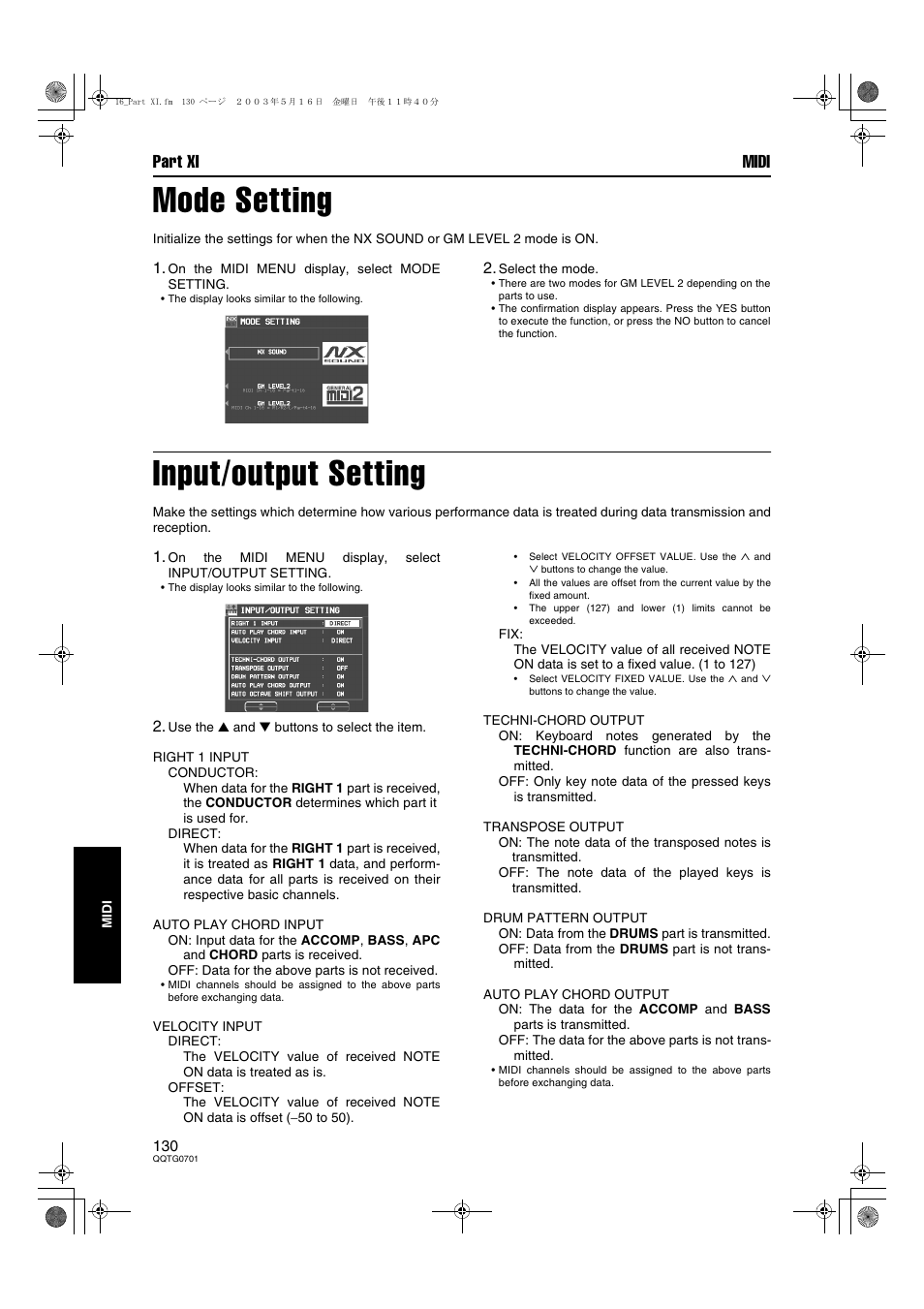 Mode setting, Input/output setting, Part xi midi | Technics SX-PR54/M User Manual | Page 129 / 144