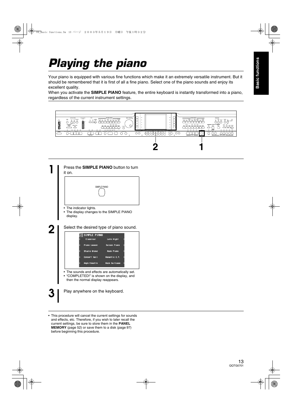 Playing the piano, Ba si c fun c ti on s, Press the simple piano button to turn it on | Select the desired type of piano sound, Play anywhere on the keyboard, Qqtg0701 | Technics SX-PR54/M User Manual | Page 13 / 144