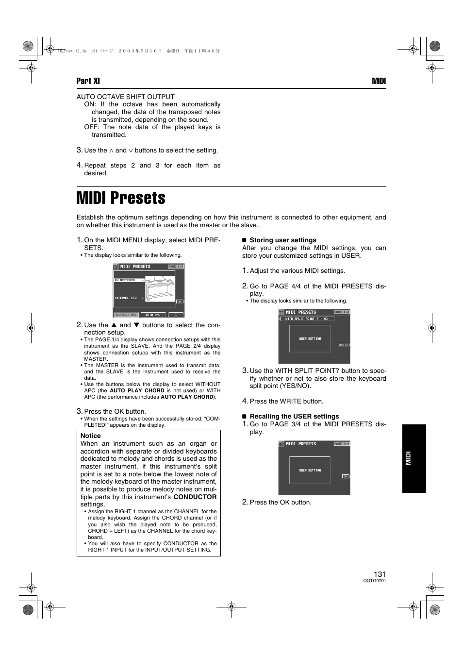 Midi presets, Part xi midi | Technics SX-PR54/M User Manual | Page 130 / 144