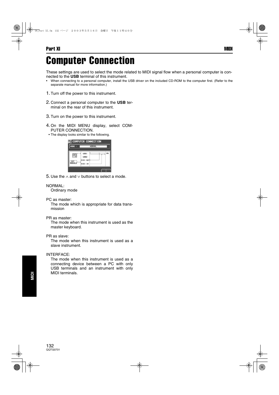 Computer connection, Part xi midi | Technics SX-PR54/M User Manual | Page 131 / 144