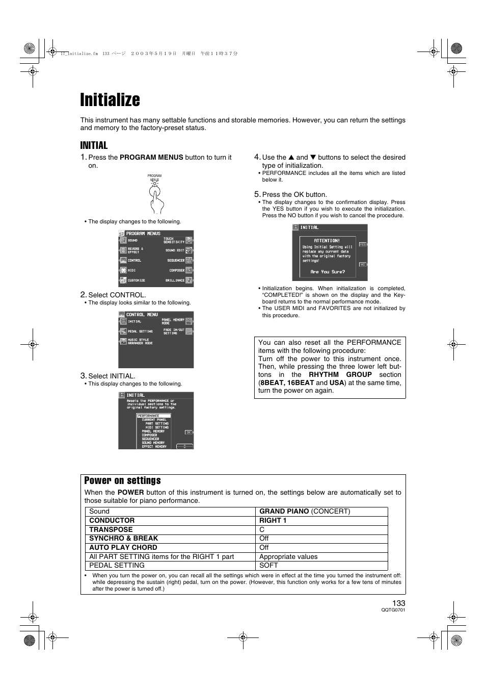 Initialize, Initial, Power on settings | Technics SX-PR54/M User Manual | Page 132 / 144