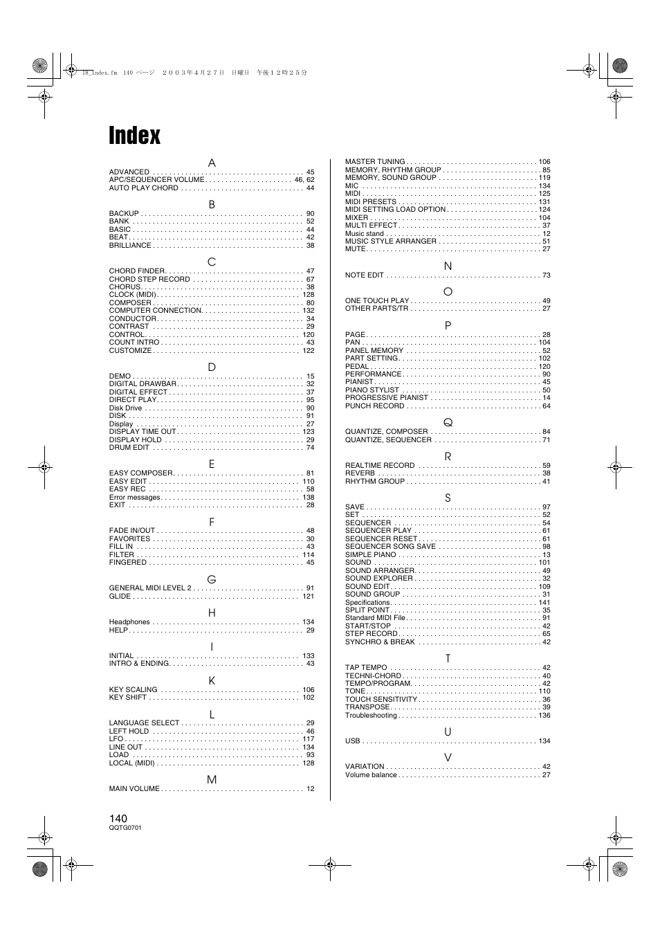 Index | Technics SX-PR54/M User Manual | Page 139 / 144